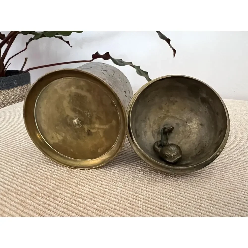 Vintage Brass Lidded Canister Hand Etched Bell Top Jar Bohemian Trinket Box